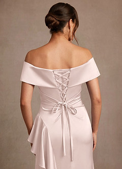 Azazie Kirsty Mother of the Bride Dresses Blushing Pink Sheath Off the Shoulder Stretch Satin Dress image6