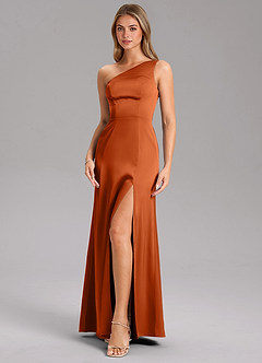 Azazie Feby Vestidos de damas de honor Vestido de Naranja Quemada de Satén Elástico de Corte en A con Hombro unilateral image6