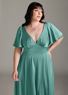 Azazie Kimber Bridesmaid Dresses Aqua A-Line Ruched Stretch Satin Dress image11