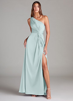 Azazie Brooke Bridesmaid Dresses Mist A-Line One Shoulder Stretch Satin Dress image1