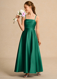 Azazie Pebbles Junior Formal Blumenmädchenkleider A-Linie Plissee Matte Satin Kleid Smaragd image5