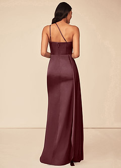 Azazie Maron Bridesmaid Dresses Sangria A-Line One Shoulder Stretch Satin Dress image2