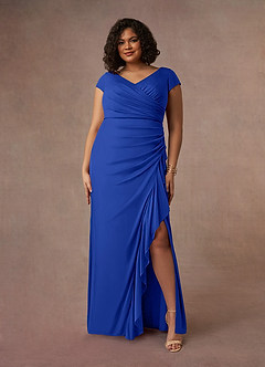 Azazie Roya vestidos de madre de la novia Vestido de Azul Real de Malla de Sirena con Cuello en V plisado image7
