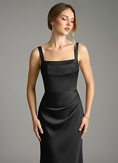 Azazie Alouette Vestidos de damas de honor Vestido de Negro de Satén Elástico de Corte Sirena con Plisado image5