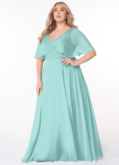 Azazie Pamela Vestidos de damas de honor Vestido de Aqua de Gasa de Corte en A con Cuello en V plisado image6