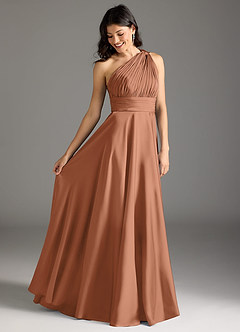 Azazie Charlize Bridesmaid Dresses Bronzer A-Line One Shoulder Stretch Satin Dress image2