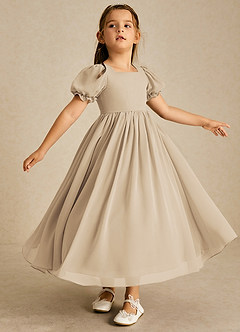 Azazie Joss Flower Girl Dresses Champagne A-Line with Sleeves Chiffon Dress image3