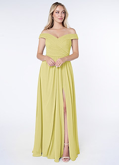 Azazie Audrianna Bridesmaid Dresses Lemon Sorbet A-Line Off-The-Shoulder Gathered Chiffon Convertible Dress image1