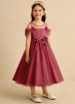 Azazie Juni Flower Girl Dresses Pomegranate Ball-Gown Pleated Tulle Dress image8