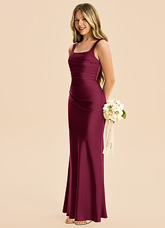 Azazie Agustina Junior Burgundy Sheath Pleated Stretch Satin Dress image5