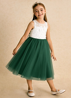 Azazie Lina Flower Girl Dresses Ivory Dark Green Ball-Gown Lace Dress image4