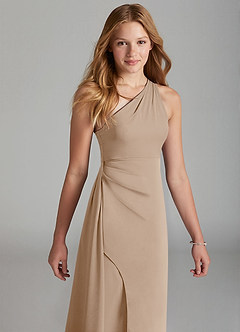 Azazie Maron Junior Taupe A-Line Pleated Stretch Satin Dress image3
