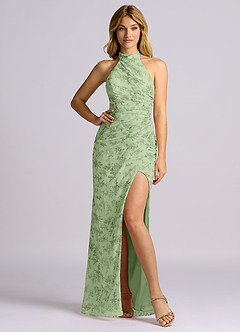 Azazie Jemma Bridesmaid Dresses Green Fern Floral Sheath Pleated Chiffon Dress image5