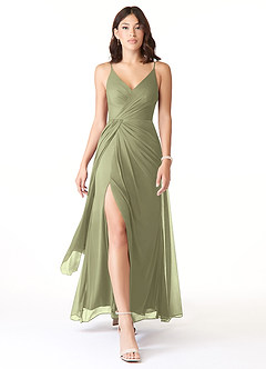 Azazie Evalin Final Sale Agave A-Line V-Neck Pleated Mesh Dress image1