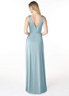 Azazie Nelly Bridesmaid Dresses Moody Blue A-Line V-Neck Pleated Stretch Satin Dress image2
