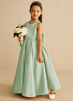 Azazie Pipsy Robe Demoiselle D'honneur Fillette Robe Trapèze en Mat Satiné Arc Vert Sauge image2