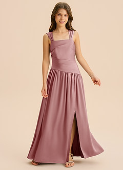 Azazie Dotty Junior Abito A-Line in Raso Elasticizzato Plissettato Rosa Polverosa image6