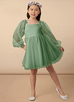 Azazie Aya Robe Demoiselle D'honneur Fillette Robe Trapèze en Tulle avec manches Matcha image1