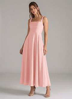 Azazie Shaude Bridesmaid Dresses Powder Pink A-Line Pleated Stretch Satin Dress image4