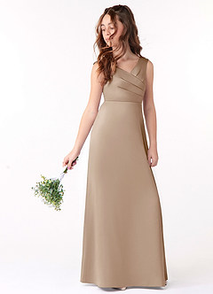 Azazie Sadia Junior Taupe A-Line Pleated Stretch Satin Dress image1