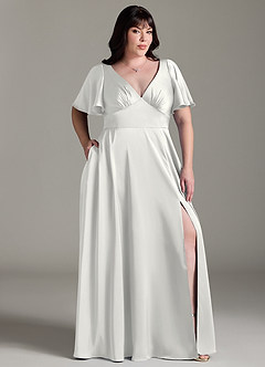 Azazie Kimber Bridesmaid Dresses White A-Line Ruched Stretch Satin Dress image9