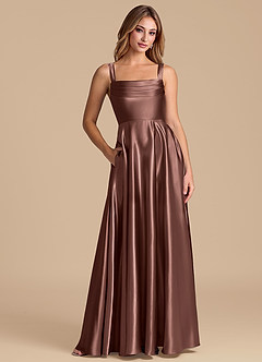 Azazie Shaude Bridesmaid Dresses Espresso A-Line Pleated Metallic Satin Dress image1