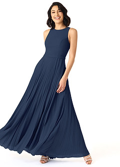 Azazie Lindie Robes de demoiselle d'honneur Robe Trapèze en Mousseline de soie Plissé à encolure dégagée Bleu Marine Foncé image3