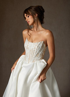 Azazie Mirabeth Wedding Dresses Diamond White Nude Ball-Gown Strapless Lace Dress image5
