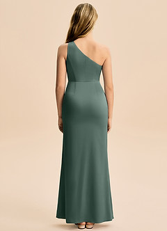 Azazie Akilah Junior Vestido Musgo Marinho de Cetim elástico de Bainha com Plissado image6