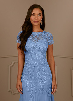 Azazie Laurie vestidos de madre de la novia Vestido de Azul Acero de Tul de Sirena con Scoop Lentejuelas image7