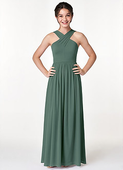 Azazie Jiya Junior Eucalyptus A-Line Pleated Mesh Dress image4