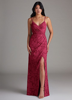 Azazie Maci Bridesmaid Dresses Burgundy Sheath Pleated Floral Burnout Dress image1