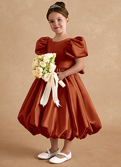 Azazie Jellybean Flower Girl Dresses Paprika Ball-Gown Ruched Matte Satin Dress image1