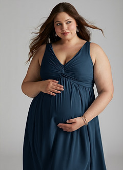 Azazie Yetta Maternity Bridesmaid Dresses A-Line V-Neck Gathered Chiffon Floor-Length Dress image8