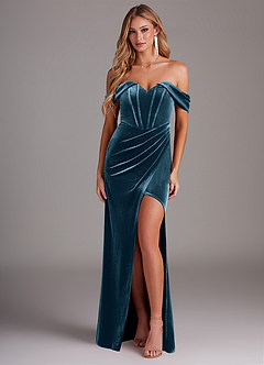 Azazie Jas Bridesmaid Dresses Blue Topaz Sheath Off-The-Shoulder Corset Velvet Convertible Dress image1