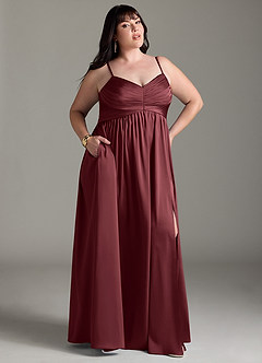 Azazie Alia Bridesmaid Dresses Merlot A-Line Pleated Stretch Satin Dress image11