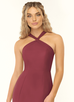 Azazie Rue Vestidos de damas de honor Vestido de Merlot de Gasa de Corte en A con Halter image6