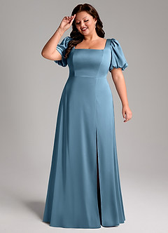 Azazie Fyona Bridesmaid Dresses Steel Blue A-Line Pleated Stretch Satin Dress image11