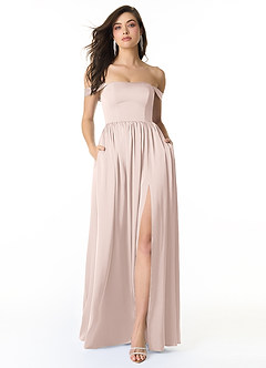 Azazie Morana Bridesmaid Dresses Blushing Pink A-Line Off the Shoulder Stretch Satin Convertible Dress image1