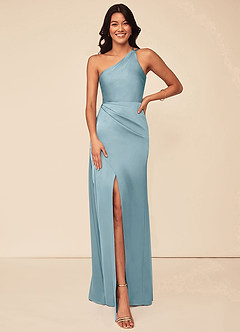 Azazie Maron Brautjungfernkleider A-Linie Eine Schulter Stretch-Satin Kleid Stimmungsvolles Blau image1