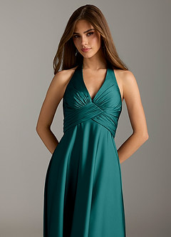Azazie Tessie Bridesmaid Dresses Peacock A-Line Pleated Stretch Satin Dress image6