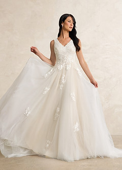 Azazie Alemia Wedding Dresses Diamond White Champagne A-Line Lace Tulle Dress image7