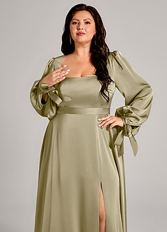 Azazie Leonia Bridesmaid Dresses Moss Green A-Line Long Sleeve Stretch Satin Dress image9