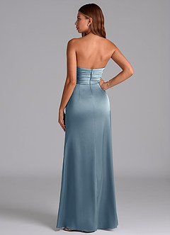 Azazie Claudelle At-home Try On Dresses Dusty Blue Mermaid Strapless Stretch Satin Dress image7