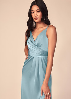 Azazie Aqua Bridesmaid Dresses Moody Blue A-Line V-Neck Pleated Stretch Satin Dress image6