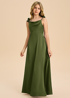 Azazie Gumdrop Junior Olive Empire Pleated Stretch Satin Dress image3