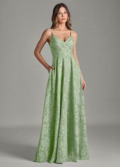 Azazie Amani 신부 들러리 드레스 A라인 주름진 플로럴 번아웃 바닥 길이 드레스 image3