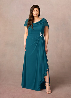 Azazie Mary Vestidos para mãe da noiva Vestido Tinta Azul de Chiffon de Linha A com Fenda Lateral image6