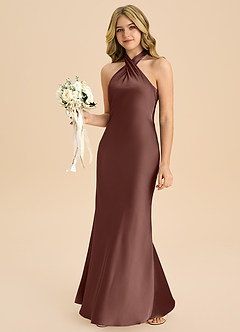 Azazie Chickie Junior Espresso Sheath Pleated Stretch Satin Dress image4