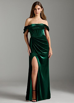 Azazie Amyra Bridesmaid Dresses Emerald Sheath Off the Shoulder Velvet Convertible Dress image6